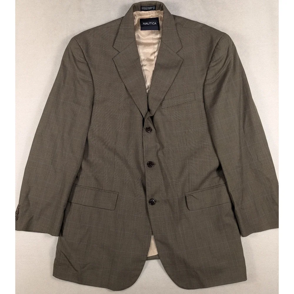 Nautica Mens 42R Brown Glen Plaid Wool Cashmere 3-Button Blazer Sport Coat